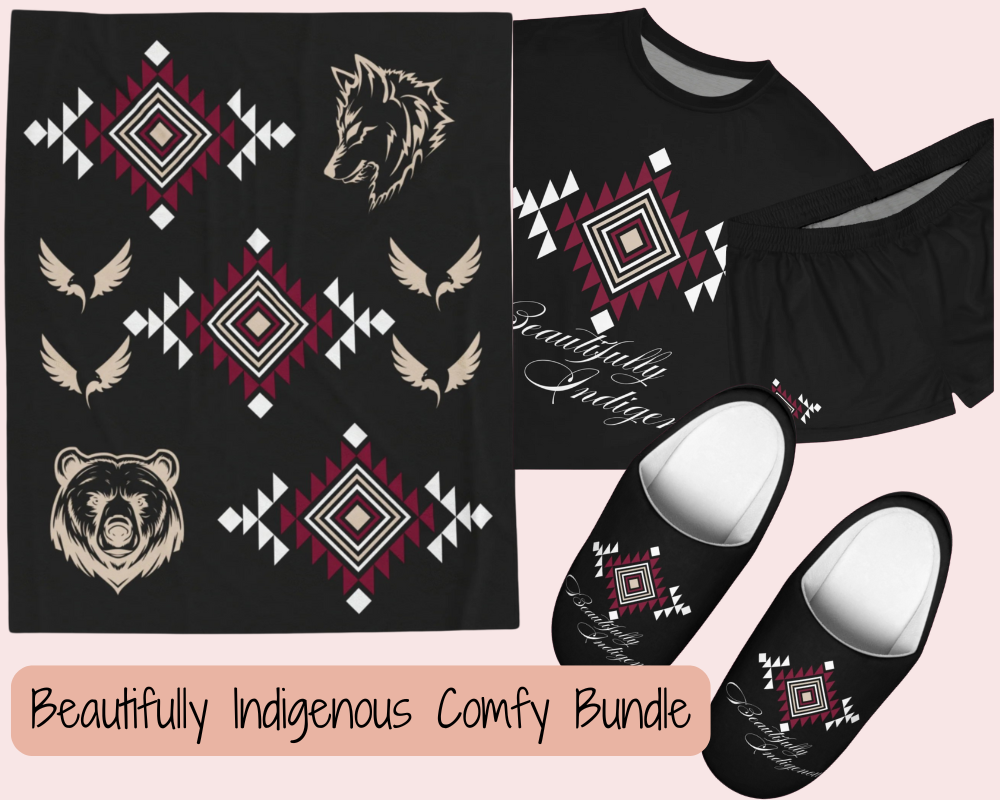 This comfy bundle exudes beauty and comfort! This bundle features a blanket, pajamas, and comfy slippers. All printed with a beautiful tribal print in beige, burgundy, and white.