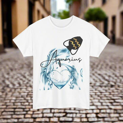 Black pot with gold Aquarius Symbol lines pouring water that splashes around into a heart. Aquarius printed in black handwritten font- white shirt