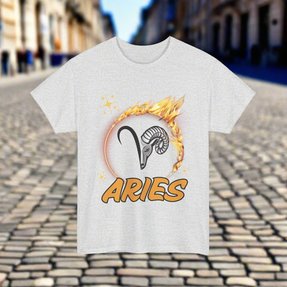 Half the aries symbol lined up with half of the rams face. Surrounded by a flaming circle and underlined with large ARIES in bold yellow font outlined in black. Grey shirt