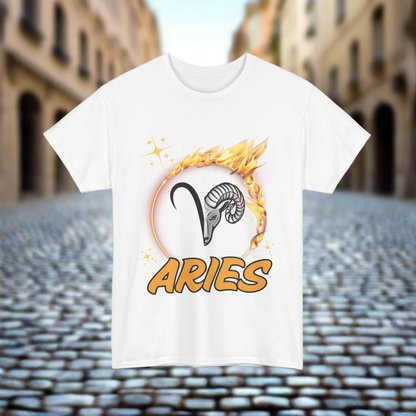 Half the aries symbol lined up with half of the rams face. Surrounded by a flaming circle and underlined with large ARIES in bold yellow font outlined in black. White shirt