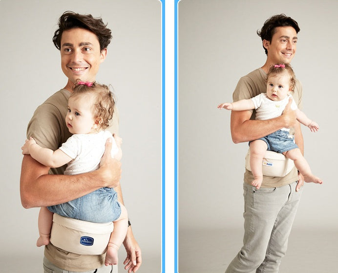 Dad carrying a baby with the baby hip carrier in creamy white. Clip this belt on and continue your day. Relieve back pain from holding your baby. For mom's, Dad's,  siblings, and anybody who wants hold an adorable baby. Versatile so you can hold your baby facing towards you or away from you.