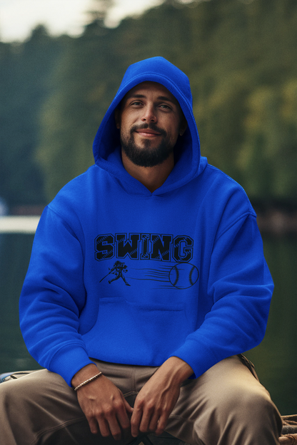 Royal blue hoodie SWING printed in university type font with thread lines. A baseball player underneath in full swing motion. Lines indicating speed line up to a large baseball. All black pattern. 