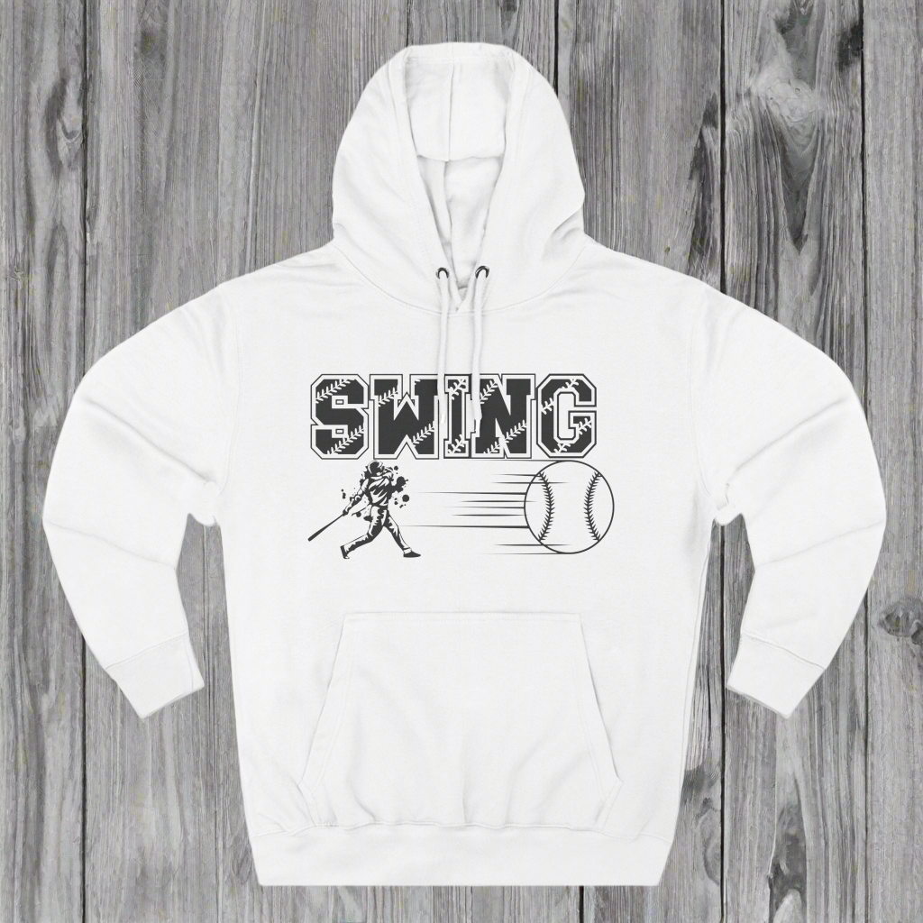 White hoodie with SWING printed in university type font with thread lines. A baseball player underneath in full swing motion. Lines indicating speed line up to a large baseball. All black pattern