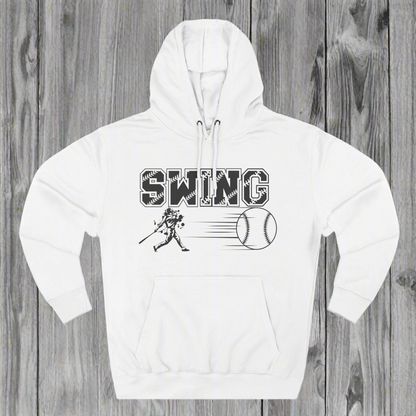 White hoodie with SWING printed in university type font with thread lines. A baseball player underneath in full swing motion. Lines indicating speed line up to a large baseball. All black pattern