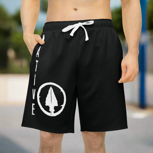 NATIVE printed boldly and vertically down the leg. An arrowhead with a circle grounded printed next to it. Black shorts with all white print and drawstring 