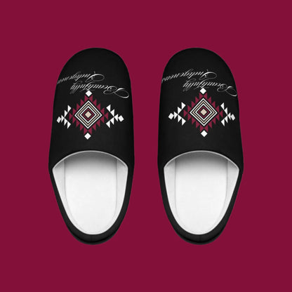 These slippers are absolutely gorgeous just like Indigenous People. This design is a tribal pattern in white, beige, and burgundy. Printed on black slippers with Beautifully Indigenous In cursive font underneath