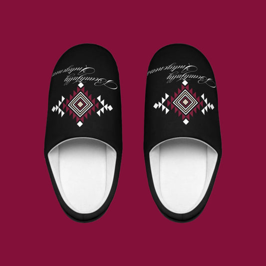 These slippers are absolutely gorgeous just like Indigenous People. This design is a tribal pattern in white, beige, and burgundy. Printed on black slippers with Beautifully Indigenous In cursive font underneath