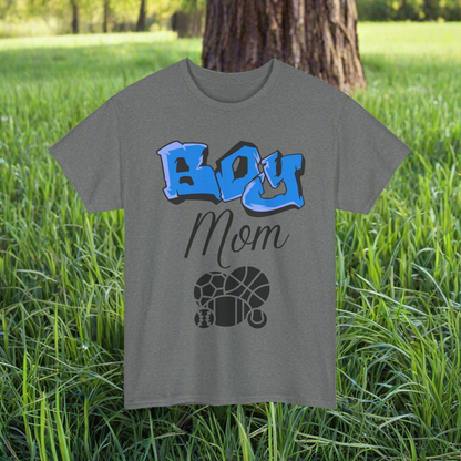 Boy written in large royal blue graffiti font. Mom written underneath in cursive. Various Sports themed balls and equipment underneath. - charcoal grey