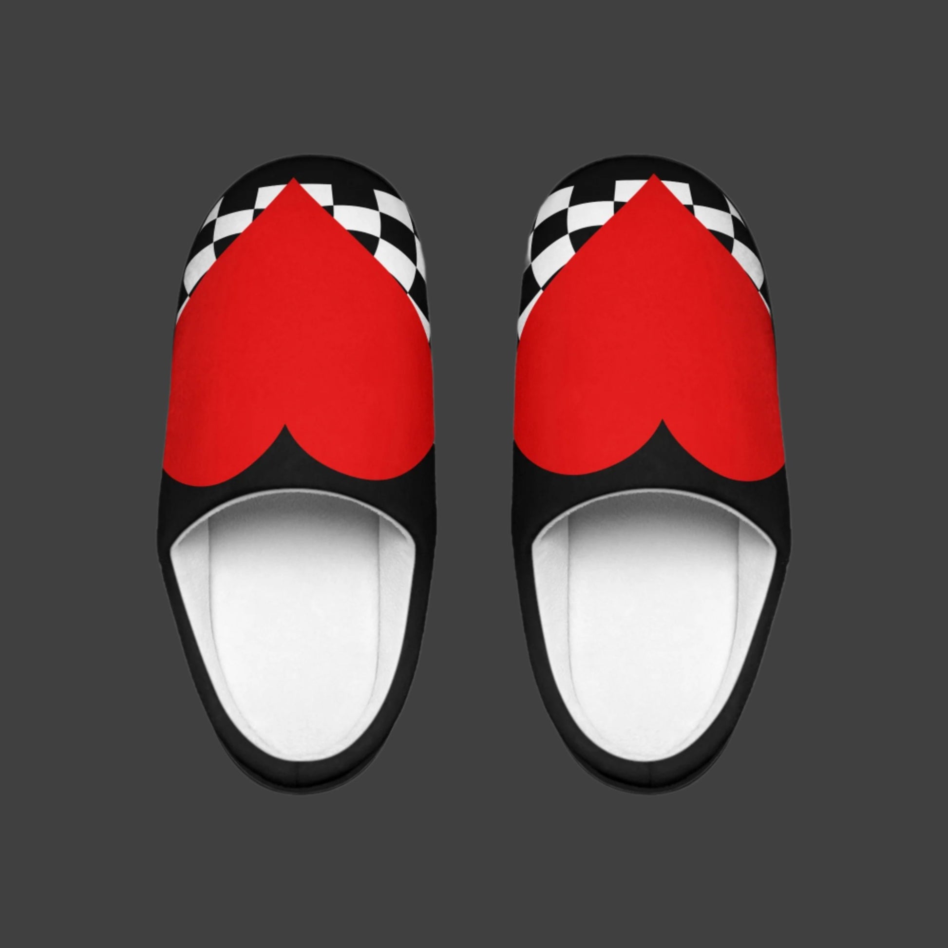 These trendy slippers have a bottom strip of the loved checkered pattern with a large red heart across the entire top.