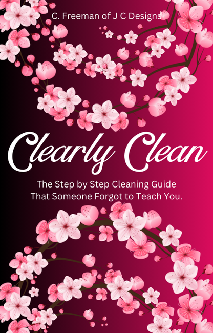 Clearly Clean ebook front cover. Beautiful fade from black to vibrant pink. Cherry blossom branch circles on top and bottom. 