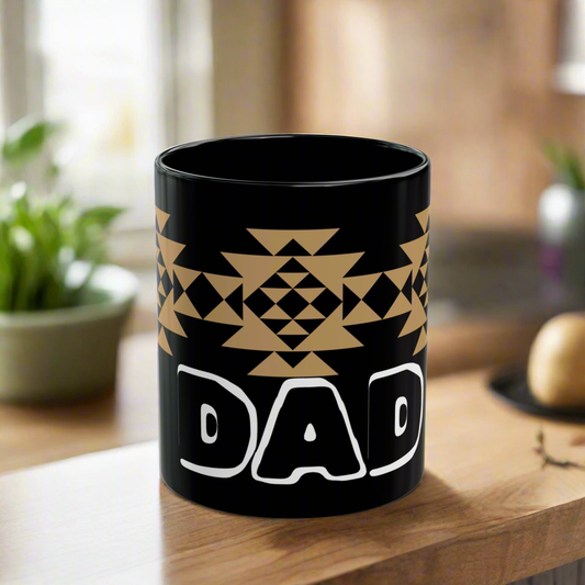 Dad Tribal Print Mug - black mug with large tribal print across whole mug, DAD printed in large white outline font, 11oz 