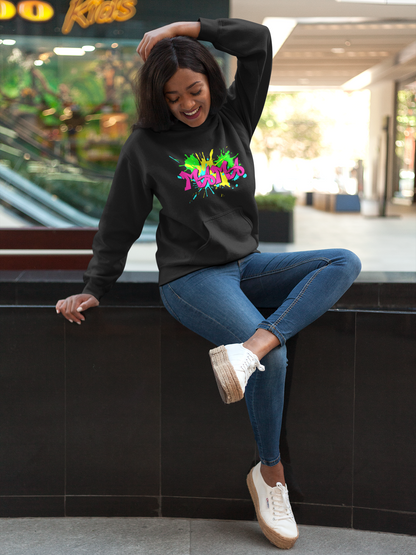 MAMA printed in pink graffiti font with splashes of paint in the background in neon green, yellow, and blue. An edgey, cute, streetwear design for a Mom Hoodie