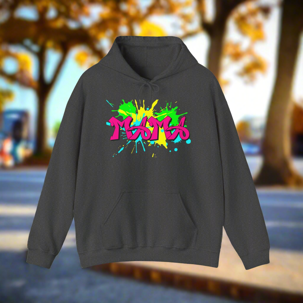 MAMA printed in pink graffiti font with splashes of paint in the background in neon green, yellow, and blue. An edgey, cute, streetwear design for a Mom Hoodie - charcoal