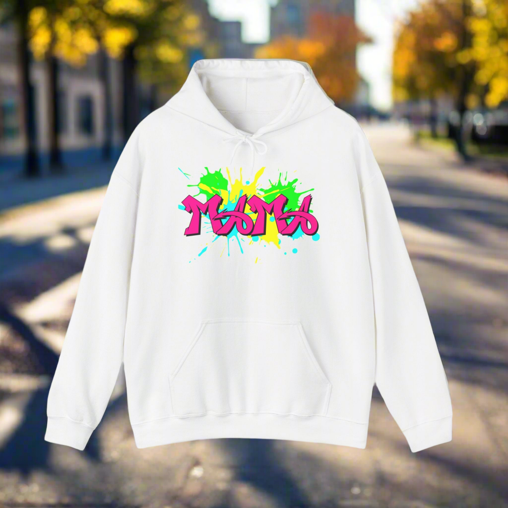 MAMA printed in pink graffiti font with splashes of paint in the background in neon green, yellow, and blue. An edgey, cute, streetwear design for a Mom Hoodie - white