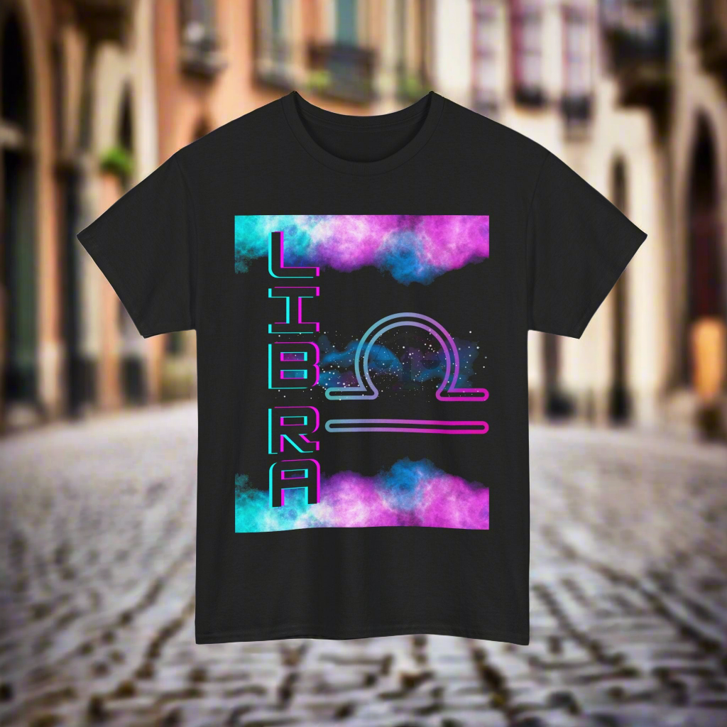 Libra Horoscope Tshirt - Watercolor white, pink, blue, mixed together at the top and bottom of design.  On the left. Side the word lines is printed vertically in digital font with the Libra symbol to the right. Black shirt