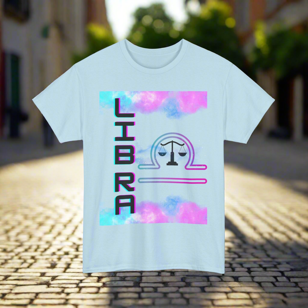 Libra Horoscope Tshirt - Watercolor white, pink, blue, mixed together at the top and bottom of design.  On the left. Side the word lines is printed vertically in digital font with the Libra symbol to the right. Light blue shirt