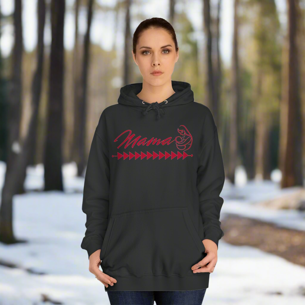 Mama Hoodie - Tribal Print - Woman standing in black hoodie with tribal print across the chest. Mama printed in Cursive Font with a silhouette of a mother and baby