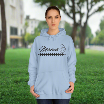 Mama Hoodie- Tribal Print - Woman standing in sky blue hoodie with tribal print across the chest. Mama printed in Cursive Font with a silhouette of a mother and baby