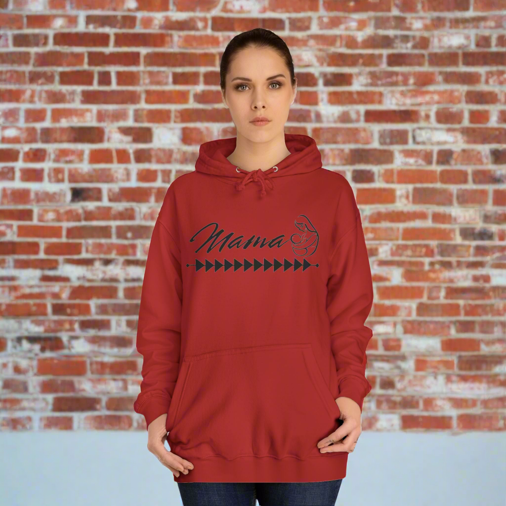 Mama Hoodie - Tribal Print - Woman standing in fire red hoodie with tribal print across the chest. Mama printed in Cursive Font with a silhouette of a mother and baby