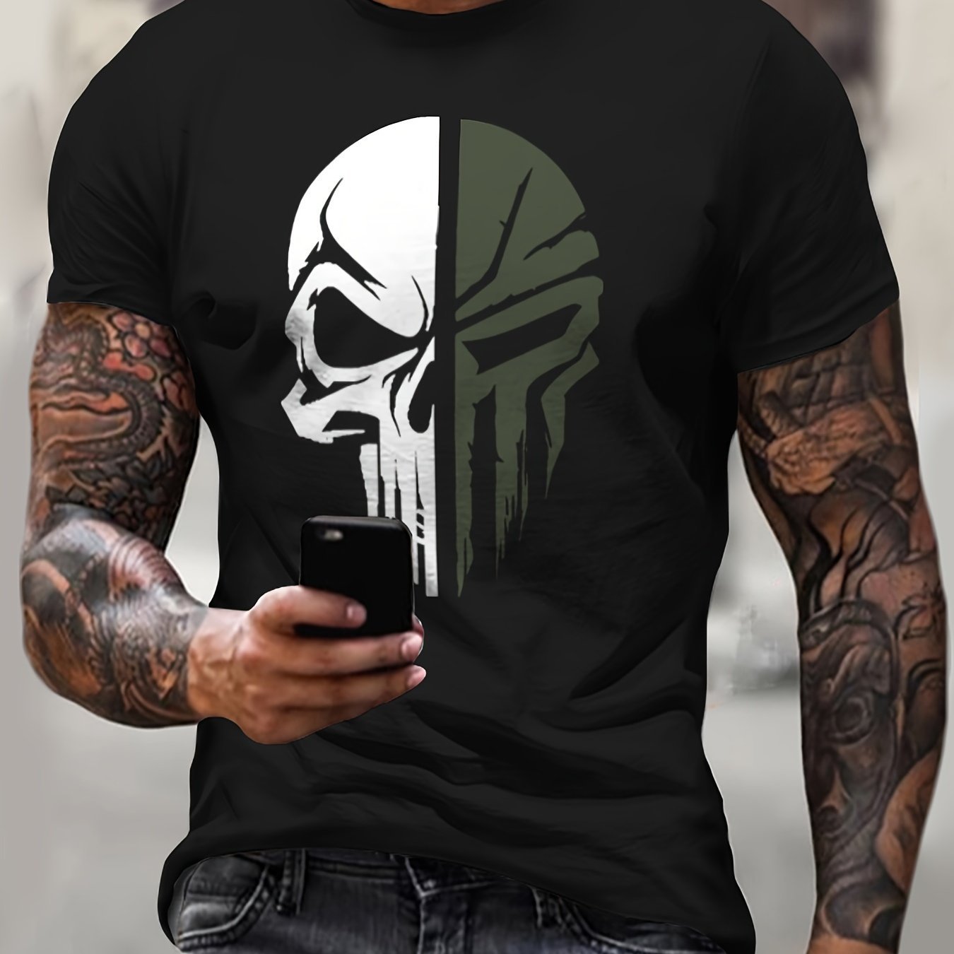 Unleash the edgy style within you with this Mens Skull Pattern Tshirt. Half white half army green punisher skull largely printed front and center. 