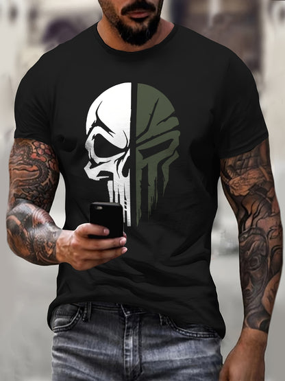 Unleash the edgy style within you with this Mens Skull Pattern Tshirt. Half white half army green punisher skull largely printed front and center. 