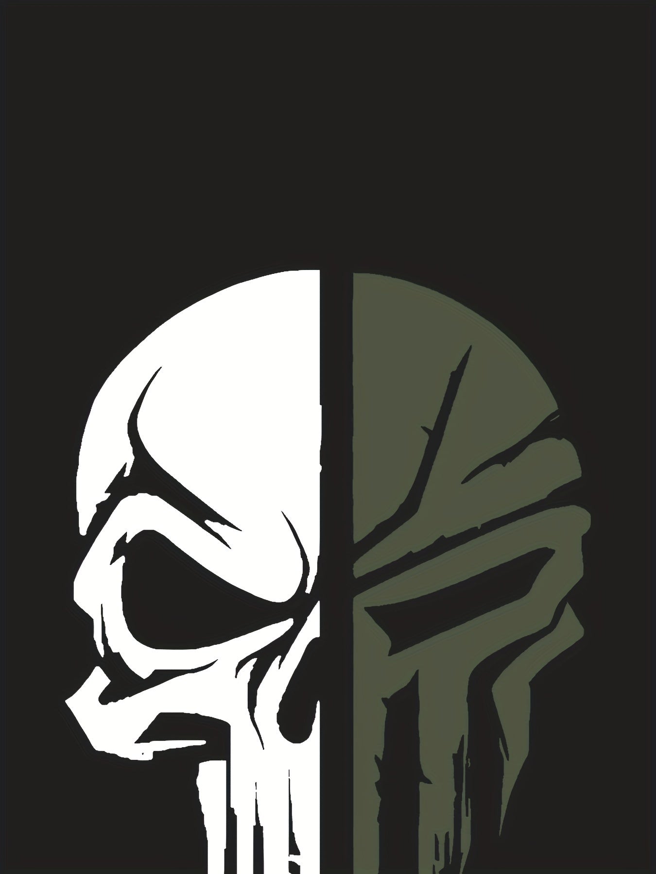 Unleash the edgy style within you with this Mens Skull Pattern Tshirt. Half white half army green punisher skull largely printed front and center. 