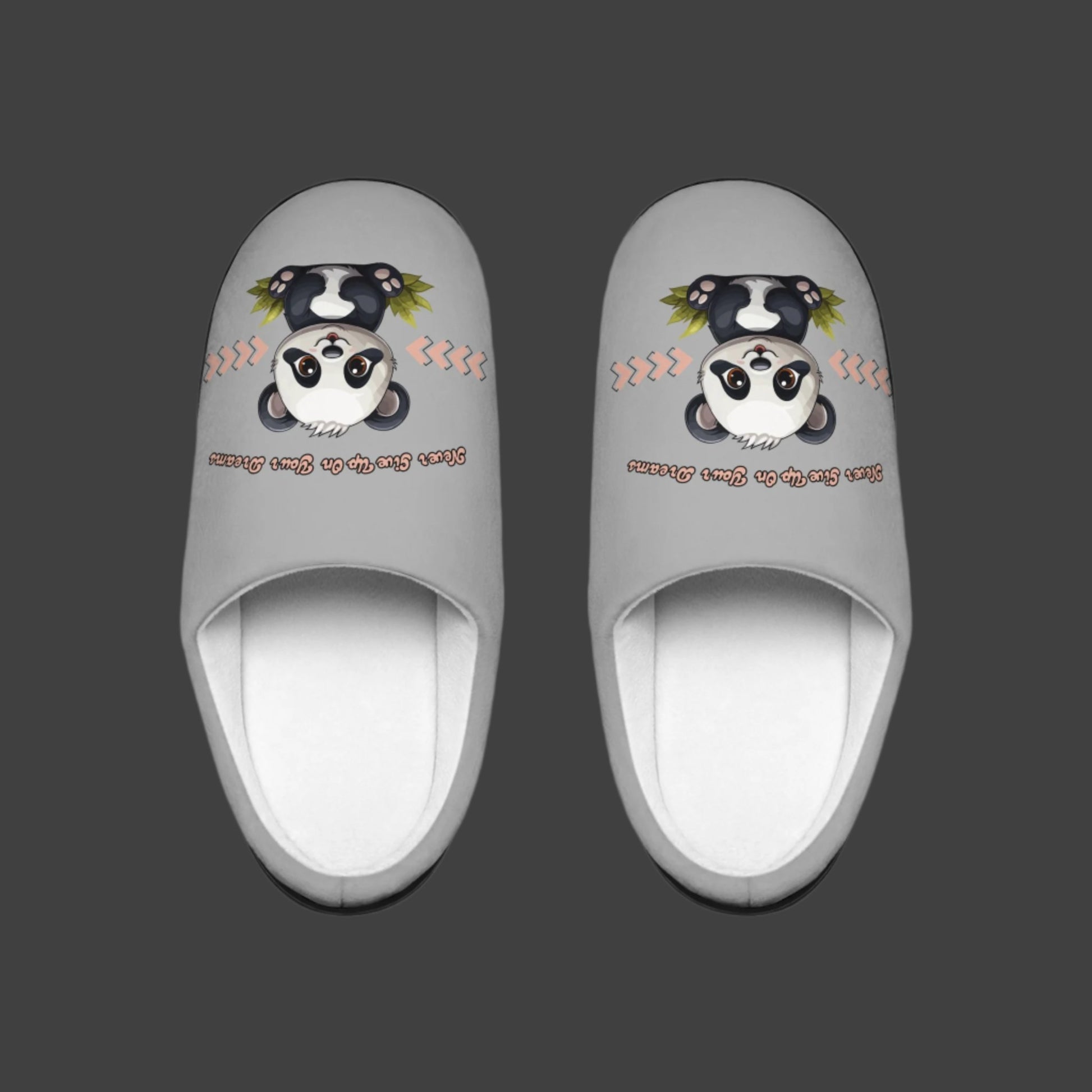 This adorable panda in the center of these grey slippers has a fun retro font printed above saying Never Give Up On Your Dreams.