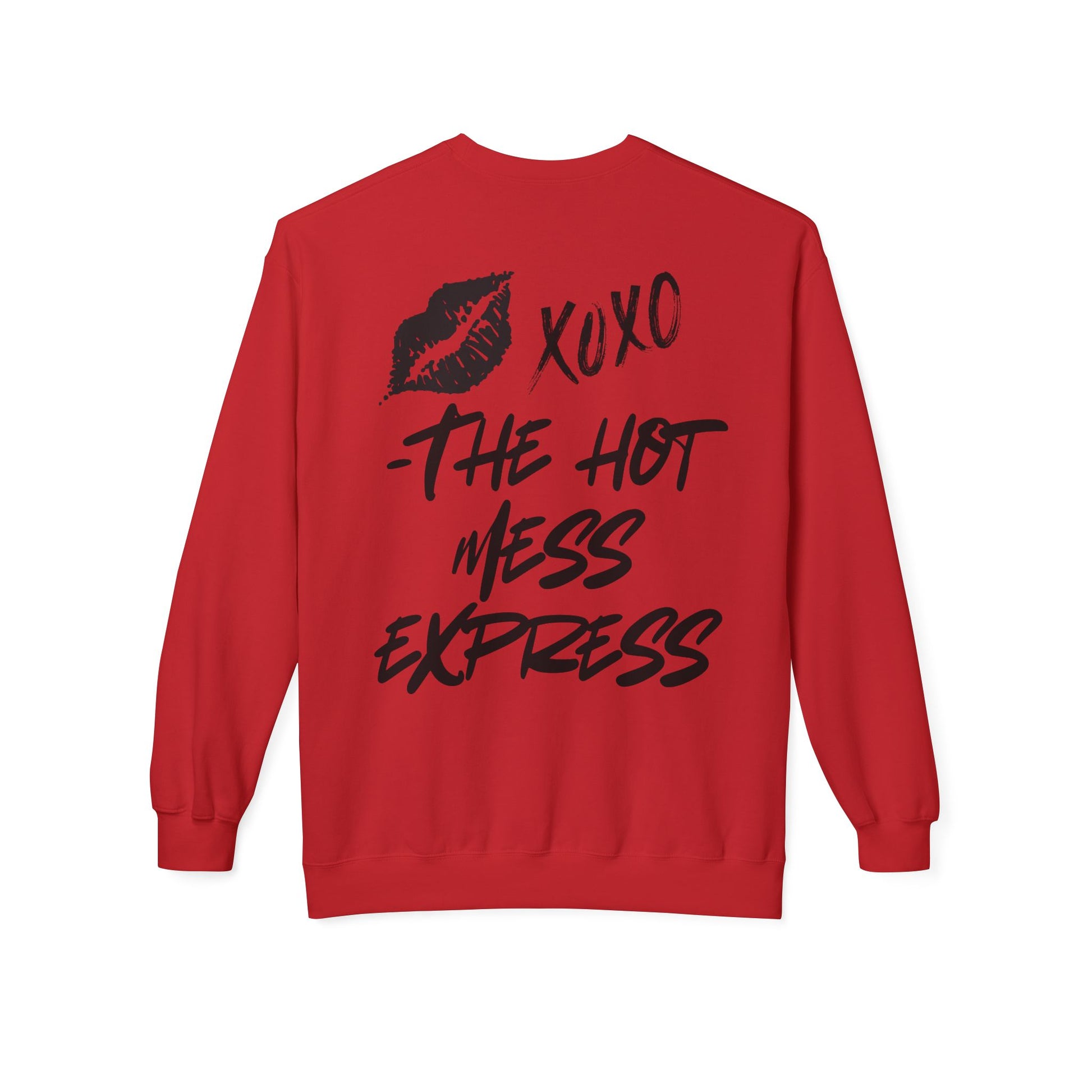 Embrace the individuality that only you have to offer! Our Perfect is Boring Crewneck Sweatshirt features that saying on the front with goofy eyes underneath and on the back is printed with a kiss mark xoxo - The Hot Mess Express - red