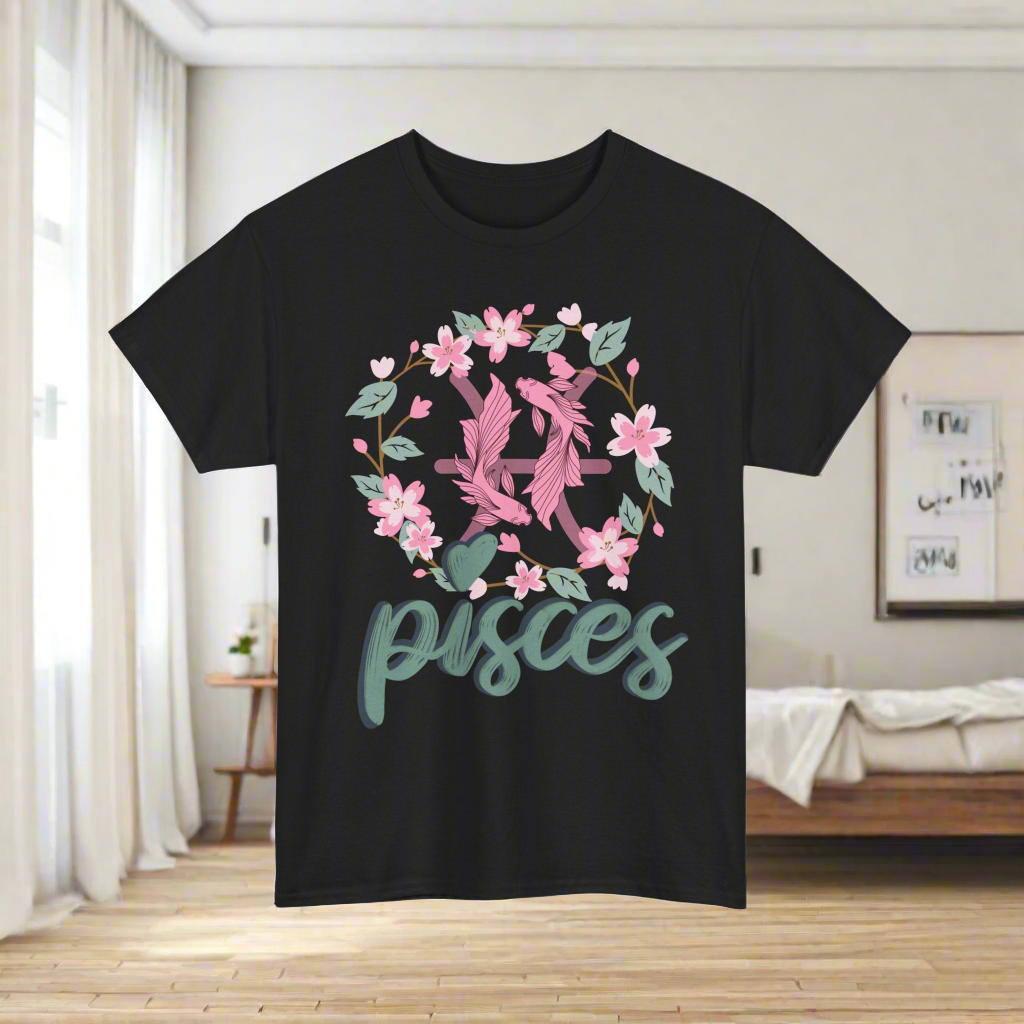 Pisces Horoscope Tshirt with 2 pink pisces fish surround with a light brown stem twisted into a circle with green leaves and pink flowers. Underneath Pisces is printed in light green font with navy blue shadow on a black shirt 