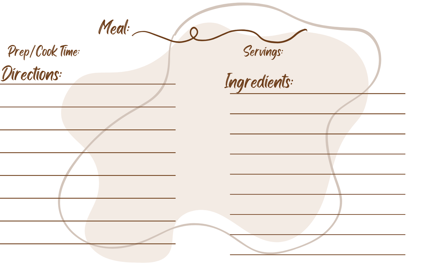 Abstract brown shaped water park with deep brown line. Meal title, servings, cook time, ingredients, and instructions. Recipe card template pack of ten.