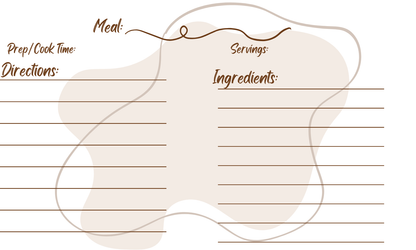 Abstract brown shaped water park with deep brown line. Meal title, servings, cook time, ingredients, and instructions. Recipe card template pack of ten.