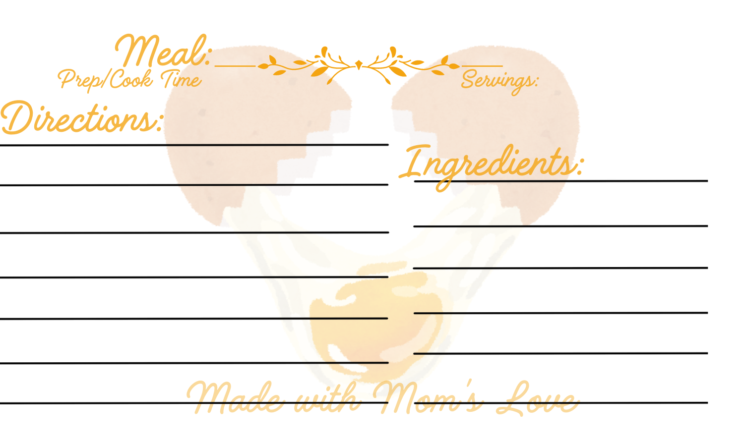 Eggs cracked into a heart with yellow font. Meal title, servings, cook time, ingredients, and instructions. Recipe card template pack of ten.