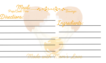 Eggs cracked into a heart with yellow font. Meal title, servings, cook time, ingredients, and instructions. Recipe card template pack of ten.