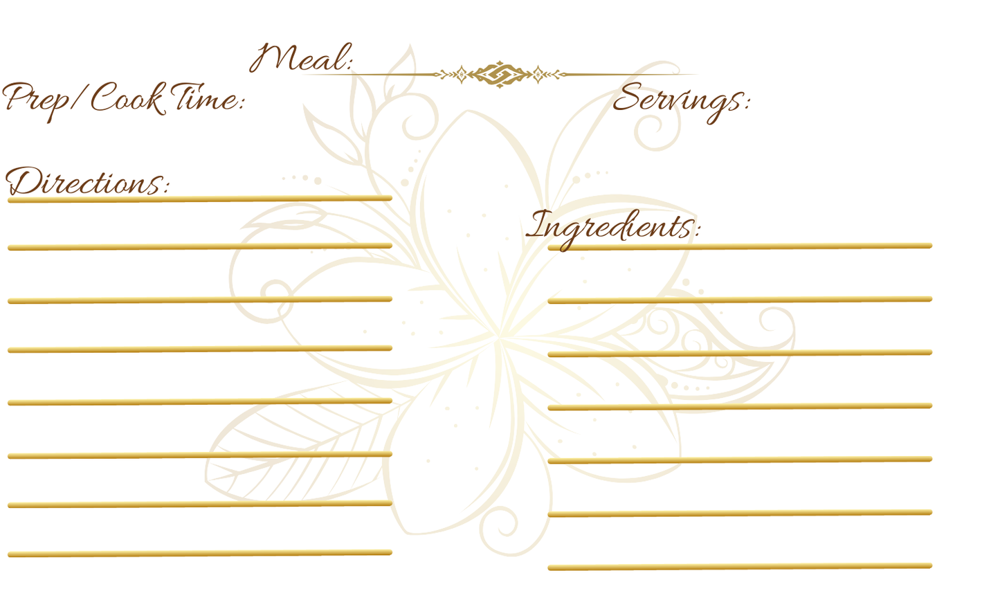 Gold flower design watermark with a gold designed underline. Meal title, servings, cook time, ingredients, and instructions. Recipe card template pack of ten.