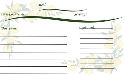 Lemon tree branches with vibrant yellow leaves. A wavy deep green underline. Meal title, servings, cook time, ingredients, and instructions. Recipe card template pack of ten.