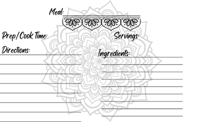 Mandala Design watermark and underline of meal title. All black design. Meal title, servings, cook time, ingredients, and instructions. Recipe card template pack of ten.