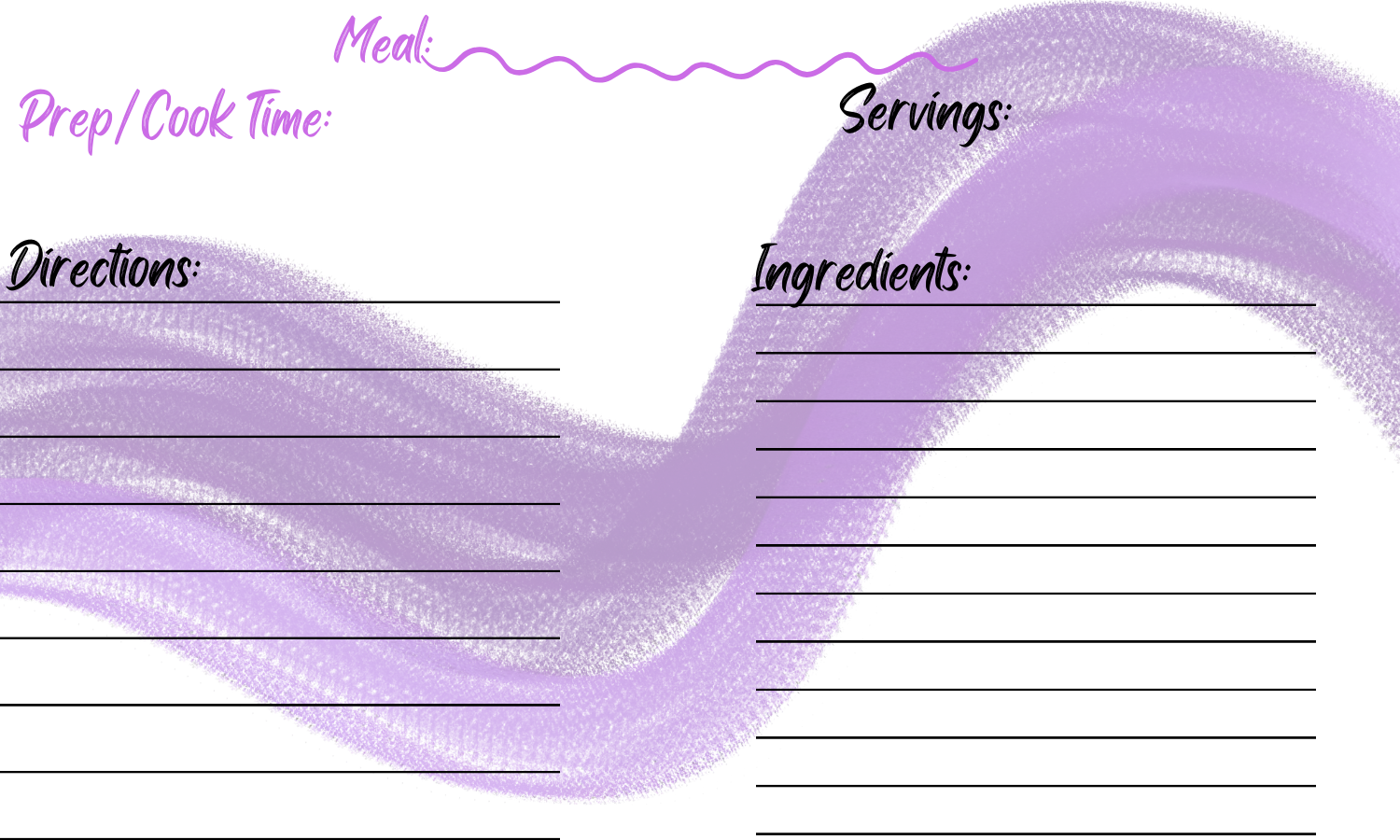 Purple wavy design as background. Half purple titles and half black titles Meal title, servings, cook time, ingredients, and instructions. Recipe card template pack of ten.