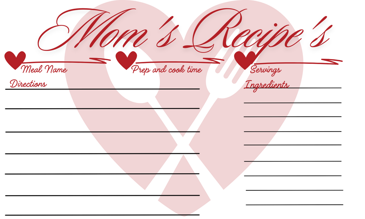 Recipe Card Template - Red heart with fork and spoon with red Cursive mom's recipe printed at the top. Hearts and zig zag lines. Meal title, servings, cook time, ingredients, and instructions. Recipe card template pack of ten.