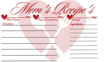 Recipe Card Template - Red heart with fork and spoon with red Cursive mom's recipe printed at the top. Hearts and zig zag lines. Meal title, servings, cook time, ingredients, and instructions. Recipe card template pack of ten.