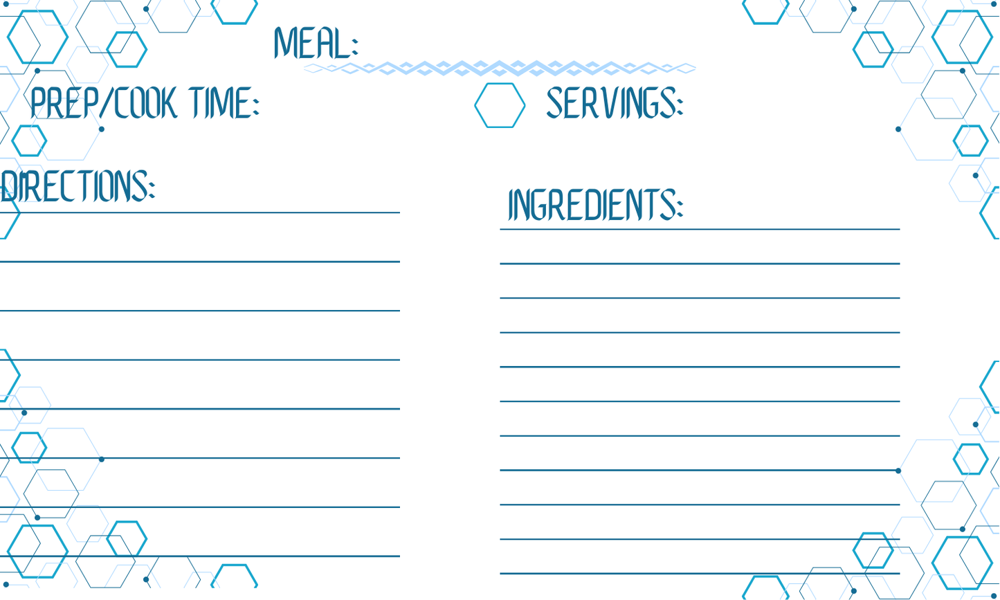 Teal hexagon design and underline. Teal font and lines. Meal title, servings, cook time, ingredients, and instructions. Recipe card template pack of ten.