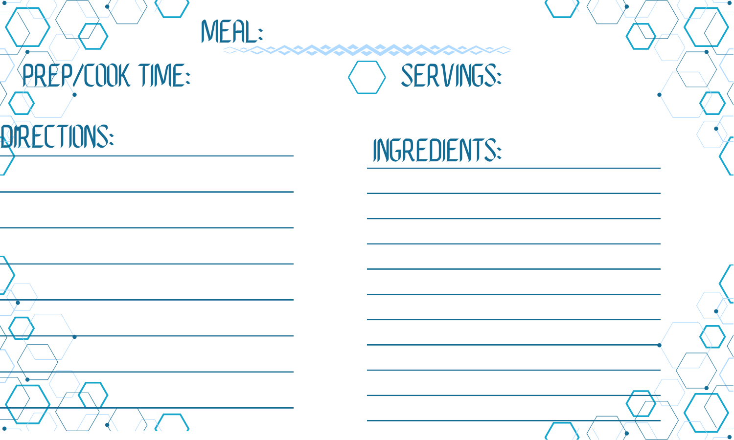 Teal hexagon design and underline. Teal font and lines. Meal title, servings, cook time, ingredients, and instructions. Recipe card template pack of ten.