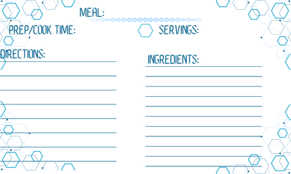 Teal hexagon design and underline. Teal font and lines. Meal title, servings, cook time, ingredients, and instructions. Recipe card template pack of ten.