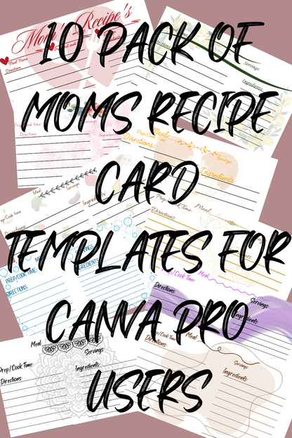 Printable ten pack of recipe cards in beautiful and unique designs. Editable for Canva Pro users. Perfect graduation gift for kids leaving the nest or purchase for yourself so your family can always have a taste from your home in a home cooked meal.