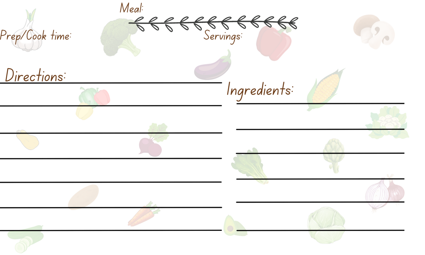 Fresh vegetable scattered as background with a stem and leaves underline. Meal title, servings, cook time, ingredients, and instructions. Recipe card template pack of ten.