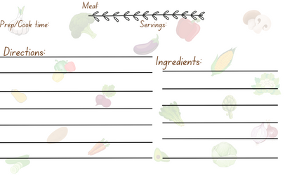 Fresh vegetable scattered as background with a stem and leaves underline. Meal title, servings, cook time, ingredients, and instructions. Recipe card template pack of ten.