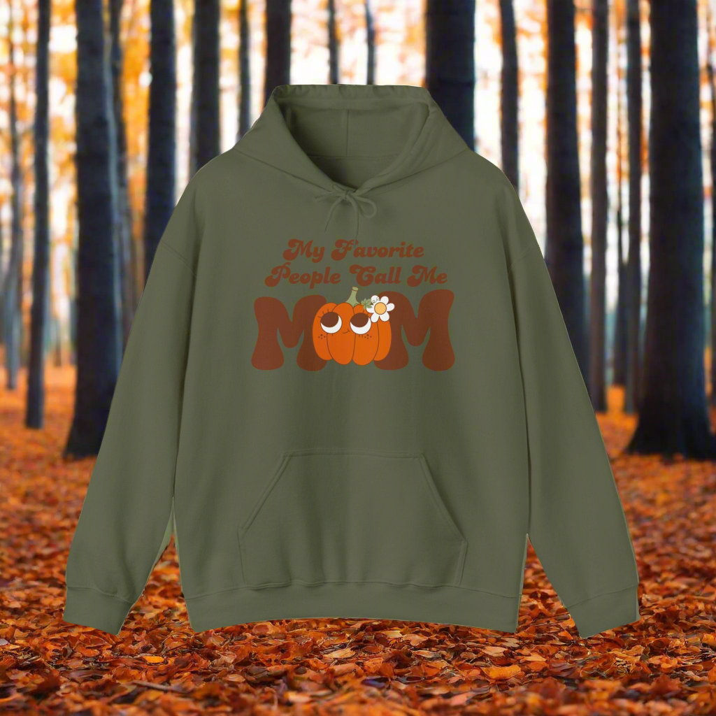 Retro Mom Hoodie - Cute Fall Pumpkin - My Favorite People Call Me Mom Hoodie. Brown retro font. Mom printed larger with a cute retro pumpkin as the O in mom. Perfect for the fall time chilly weather. Military Green