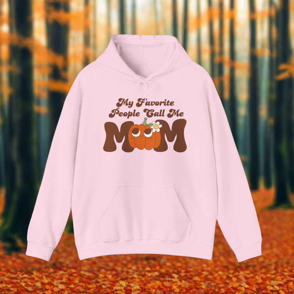 Retro Mom Hoodie - Cute Fall Pumpkin - My Favorite People Call Me Mom Hoodie. Brown retro font. Mom printed larger with a cute retro pumpkin as the O in mom. Perfect for the fall time chilly weather. Light pink