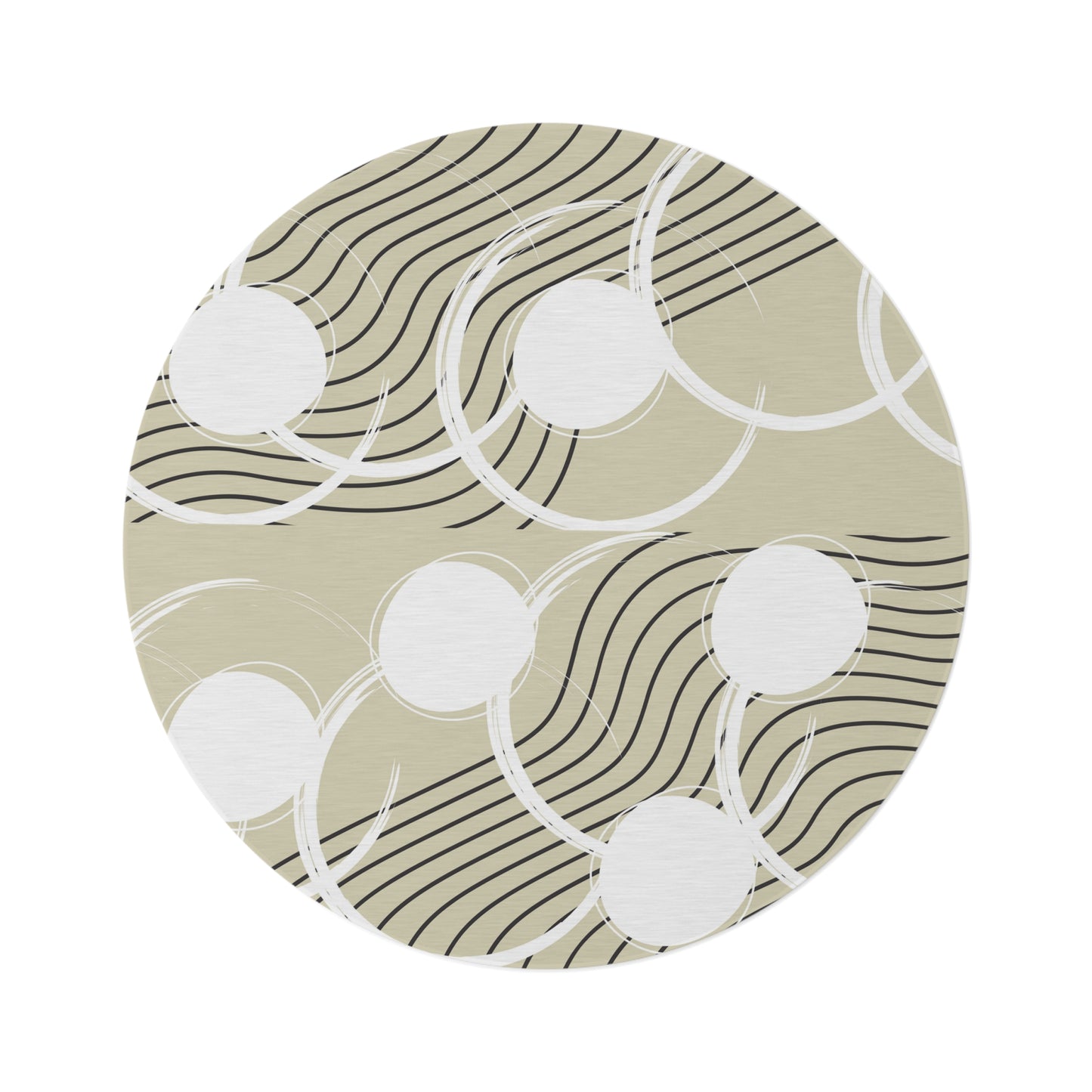 neutral colored round area rug with a cream tan colored base with white circles and black abstract lines