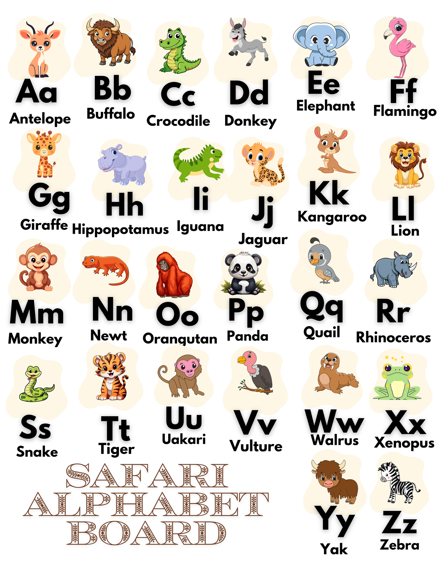 Digital Download Version - Also available in poster order. This Safari themed animal alphabet poster is perfect for children's rooms, classrooms, and nurseries. The vibrant colors and playful design create a fun and engaging atmosphere, making learning the alphabet exciting. It is relevant for parents, teachers, and anyone looking to decorate a child's space. Ideal for birthdays, baby showers, and back-to-school season.