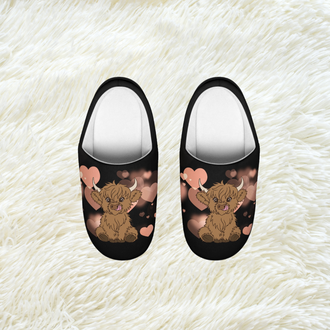 Scottish Highland Cow Women's Slippers - Black - Adorable Cow on pink hearts background